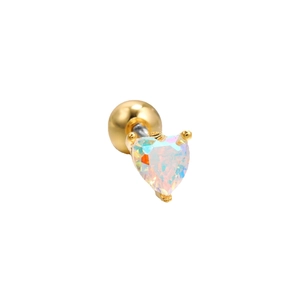 Golden heart-shaped cartilage earring with iridescent opal stone and screw back ball