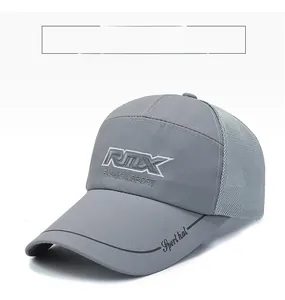 Close-up of grey breathable mesh panels and RTLX 3D embroidery on the sports baseball cap