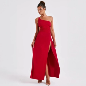 Elegant red one-shoulder high slit maxi dress with side waist cutout and ruching details
