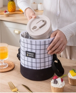 Detail of insulated cylinder lunch bag with thick aluminum foil lining and sealable container
