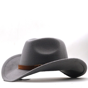 Detail view of the gray felt cowboy hat featuring a brown leather band and metal ring buckle