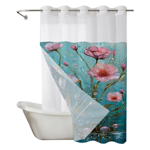 Waterproof floral shower curtain with pink flowers and air bubbles in blue water