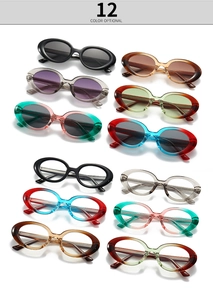 Collage of retro oval sunglasses showing twelve different color options on a white background