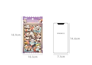 Detailed size comparison of cute panda stickers pack next to a smartphone silhouette