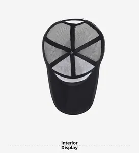 Detailed inside view of the black breathable mesh trucker hat showing internal structure