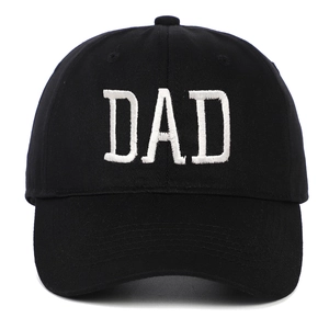 Classic black cotton baseball cap with white DAD embroidery on front, vintage dad hat