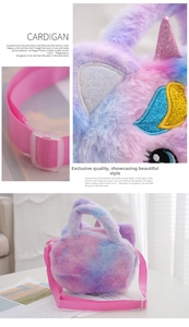 Detail of adjustable pink shoulder strap and soft rainbow plush unicorn bag texture