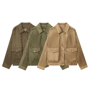 Suede Fabric Jacket For Women Casual Lapel Long Sleeve Outerwear With Pockets Vintage Streetwear Loose Fit Zipper Coat