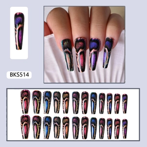 Detail of long coffin press-on nails with colorful snakeskin pattern and gradient shades