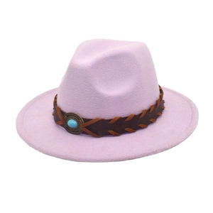 Detail of light purple wool fedora hat with braided leather band and turquoise stone