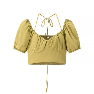 Yellow puff sleeve cropped top for women featuring back tie and smocked hem design