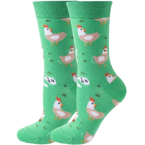 Detail showing high-quality green mid-calf socks with funny cartoon hen and grass patterns