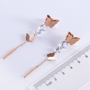 Rose gold stainless steel butterfly tassel earrings with zircon and frosted finish