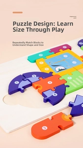 Macro shot of colorful crab puzzle blocks with numbers on natural wooden base