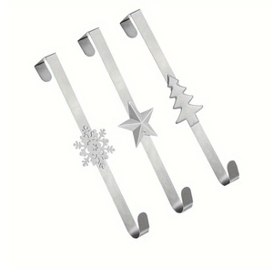 Silver metal over-the-door hooks featuring snowflake, star, and Christmas tree ornaments