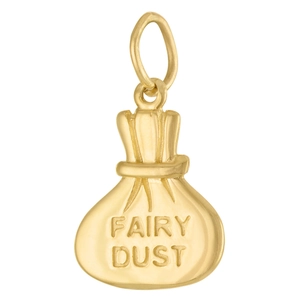 Macro detail of gold money bag pendant with FAIRY DUST engraving on a white background