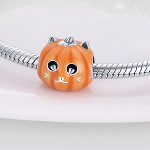 Luminous silver pumpkin cat bead charm on snake chain for Halloween themed jewelry