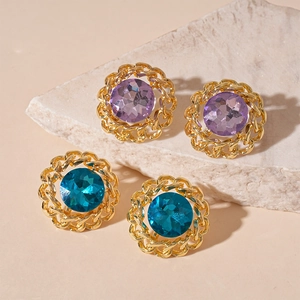 Vintage Round Crystal Stud Earrings Copper Chain Link Rhinestone With 925 Sterling Silver Earring Post For Women