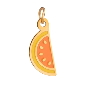Golden watermelon slice pendant with orange enamel and seeds on a white background