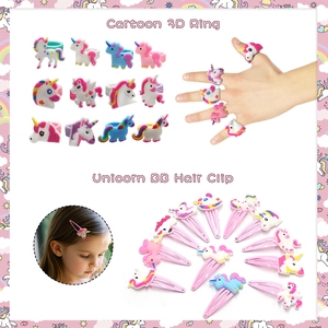 Cartoon unicorn jewelry set featuring 3D rings and colorful hair clips for girls party