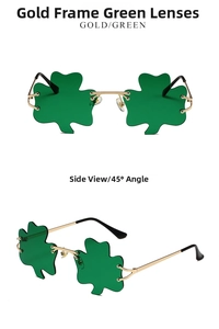 Detail of shamrock sunglasses featuring gold metal frames and green clover shaped lenses