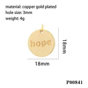 Detail of 18mm gold plated copper pendant with hope engraving and size specifications