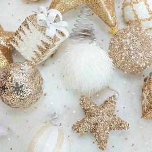 Christmas tree ornaments set featuring champagne gold sequins and white plush foam balls