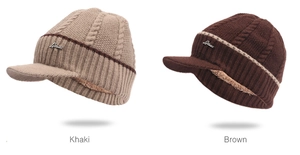 Detail view of khaki and brown knit hats with thick fleece lining and visor