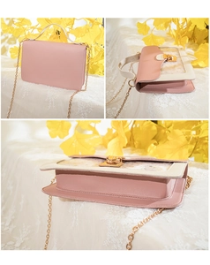 Detailed views of pink PU handbag with gold chain strap and sparkling star sequins
