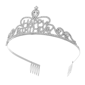 Silver Happy Birthday crown tiara with rhinestones and hair combs for birthday parties
