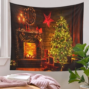 Detail of Christmas tree tapestry showing HD digital print of a cozy fireplace scene