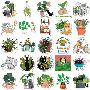 50 unique waterproof stickers featuring cartoon cats and green plants for laptop and DIY décor