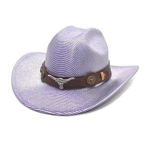Chapeau de cowboy à rayures violettes et argentées avec ornement de tête de taureau
