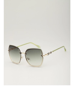 Detail of rimless gradient sunglasses showing gold metal bridge and chain-link temple decor