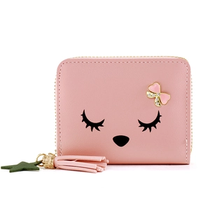 Pink short wallet for women featuring cute cartoon eyes print and tassel zipper charm