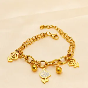 Women Fashion Bracelet Stainless Steel 18K Gold Plated Flower Charms Tulip Rose Rhinestone Double Layer Chain Elegant Jewelry