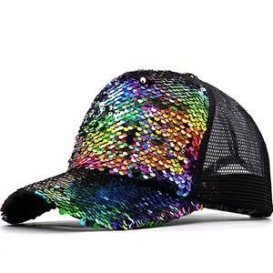 Detail of colorful gradient sequins and breathable mesh on a trendy baseball cap