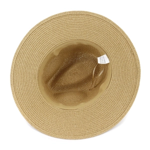 Internal view of women's straw sun hat with 100% paper material label and sweatband