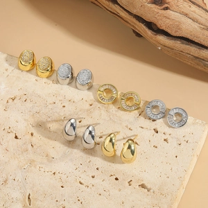 Retro Copper Zirconia Stud Earrings Geometric Oval Hollow Round Waterdrop Gold Silver Plated Fashion Ear Jewelry For Women