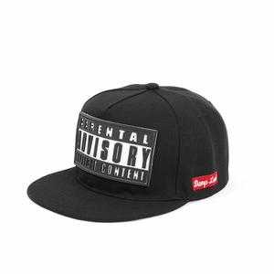 Detail of flat brim hip-hop cap showing 3D rubber print and side brand woven label