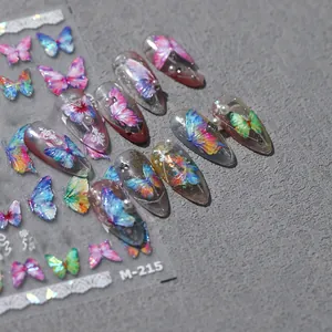 Detail of colorful laser butterfly nail stickers M-215 on long pointed false nails