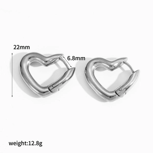 Polished stainless steel heart hoop earrings with dimensions 22mm height and 6.8mm thickness