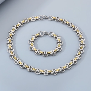 Set collana e bracciale bizantino in acciaio inossidabile bicolore argento e oro