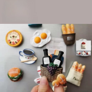 Detailed view of 3D resin food magnets showing pizza, burger and coffee textures