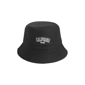 Detail view of CALIFORNIA embroidery on black cotton canvas bucket hat