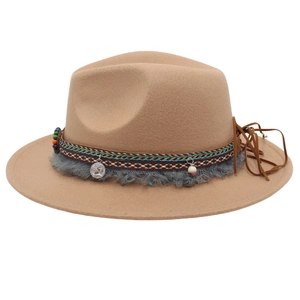 Camel wide brim Tibetan felt hat with ethnic woven band and bohemian tassel charms