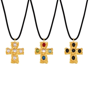 18K gold plated hammered glass cross necklaces with black cord and colorful gemstones