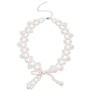 Elegant stainless steel necklace featuring faux pearls and a unique bow-knot pendant