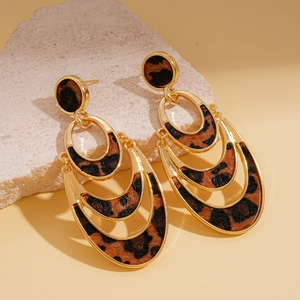 Faux leopard hair multi-layer hollow oval drop earrings with golden metal frames
