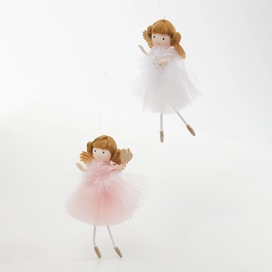 Plush Christmas angel dolls with gold wings and tulle skirts in pink and white